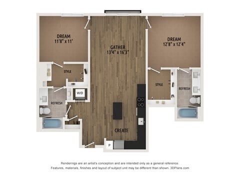 Floor plan for 2 beds, 2 baths, 1072 sqft